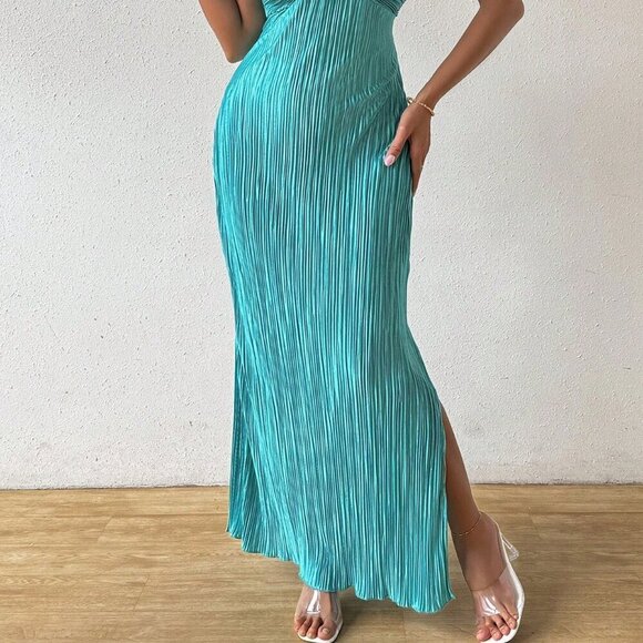 Cadet Blue Sexy Women's Elegant Pleated Off-Shoulder Twist Front Dress - Picture 4 of 6